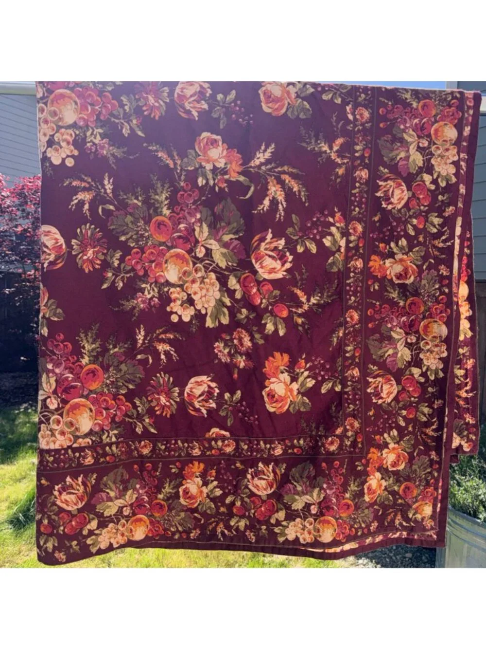 Vintage April Cornell Bountiful Harvest Tablecloth 53x53 Cotton Square Burgundy